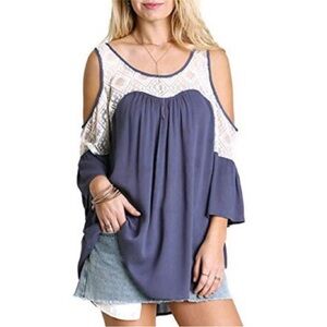 Umgee USA Cold Shoulder Boho Blouse with Crochet Lace - Size L